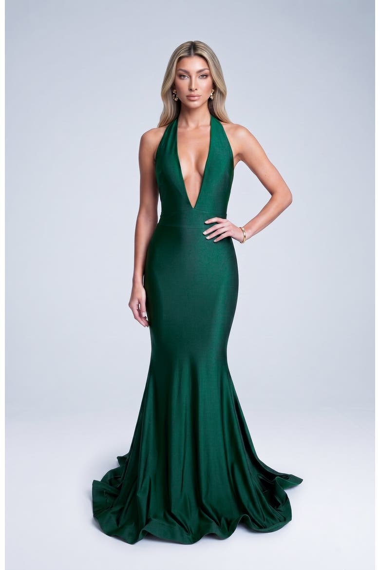 Plunging Halter Neck Mermaid Evening Gown, Main, color, Forest Green