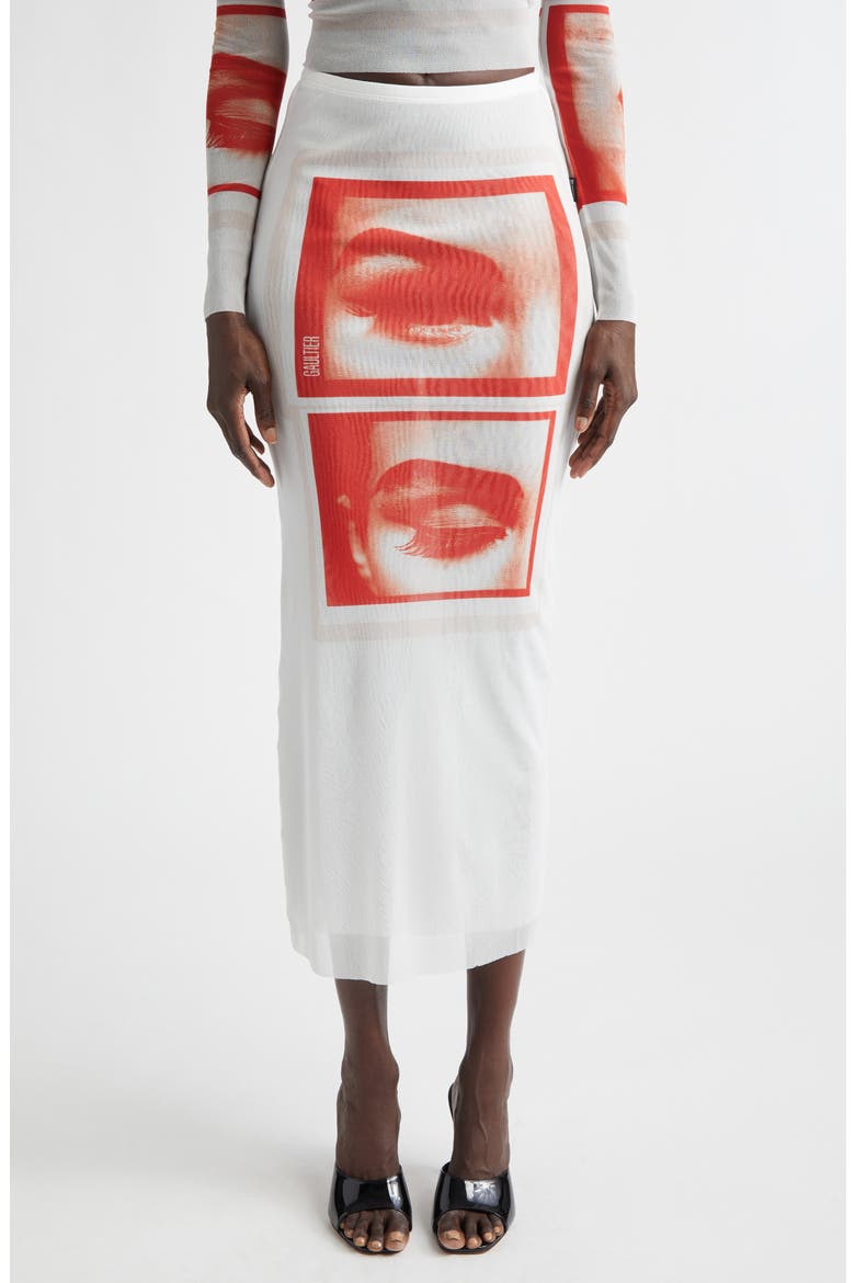 Re-Edition Eyes & Lips Print Mesh Maxi Skirt, Main, color, WHITE/ RED/ LIGHT ORANGE