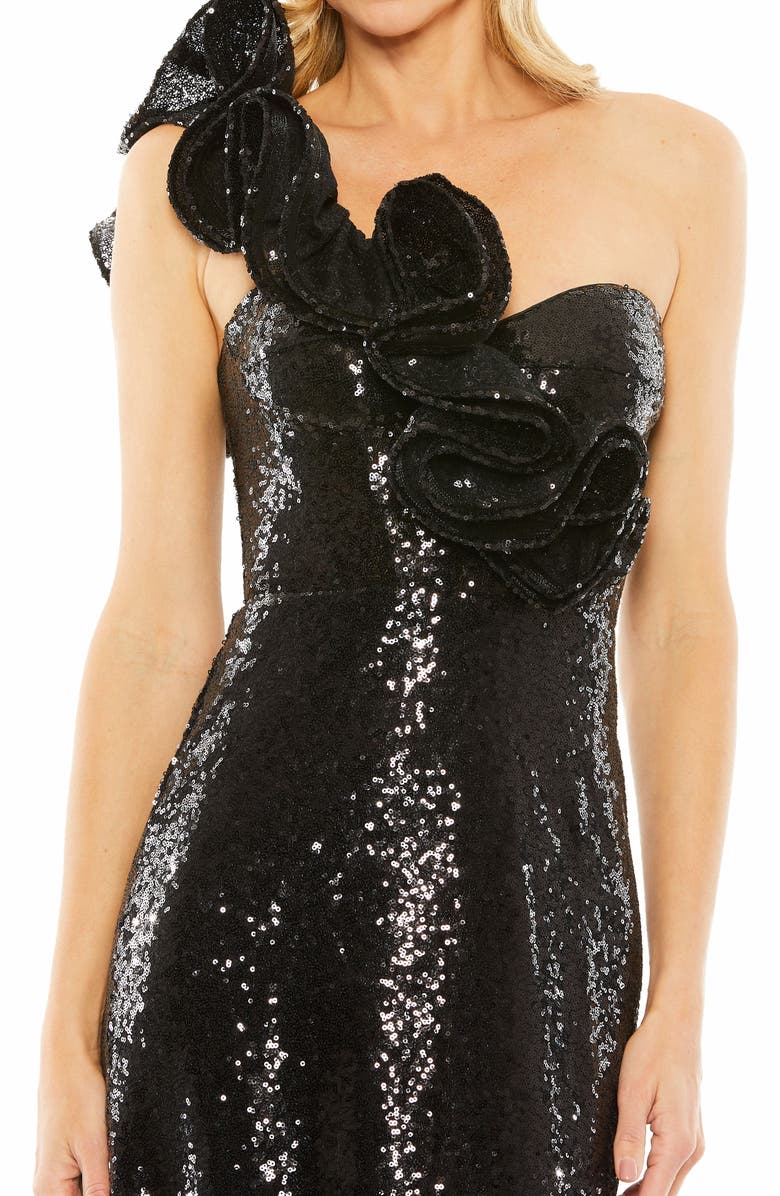 Mac Duggal Sequin Ruffled One Shoulder Gown, Alternate, color, Black