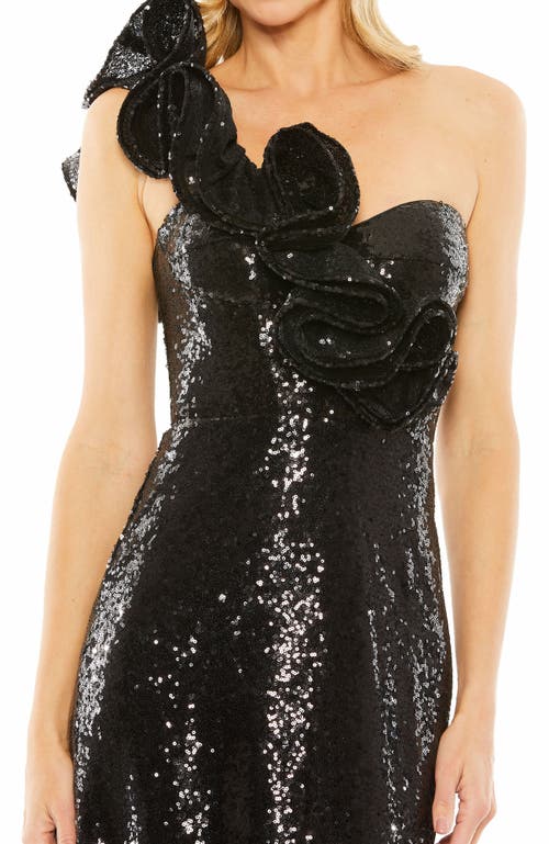 Mac Duggal Sequin Ruffled One Shoulder Gown In Black