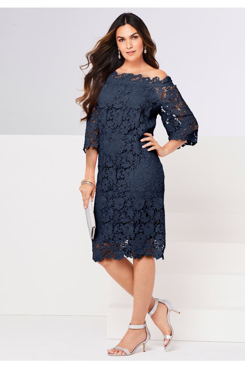 Off The Shoulder Lace Dress, Alternate, color, NAVY