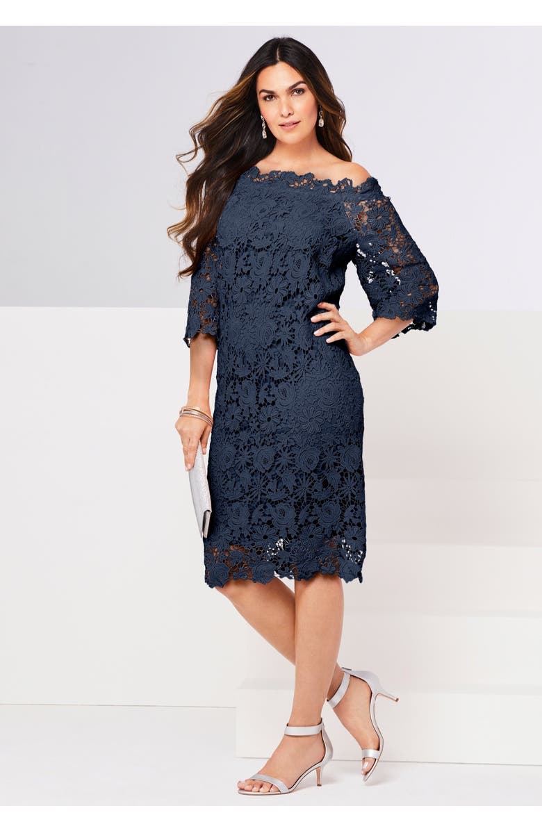 Roaman's Off The Shoulder Lace Dress, Alternate, color, Black