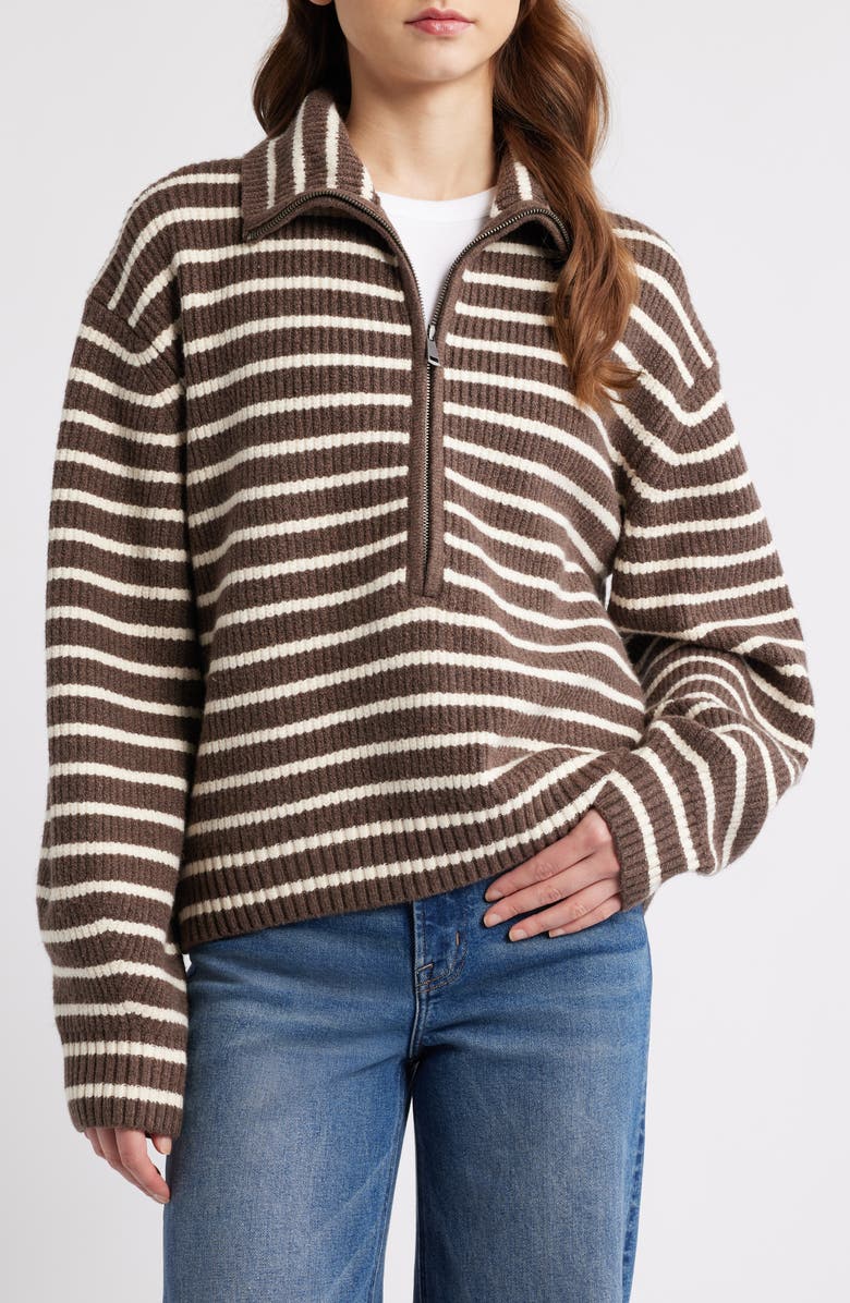 Faherty Jackson Quarter-Zip Organic Cotton Blend Pullover, Main, color, Mocha Stripe