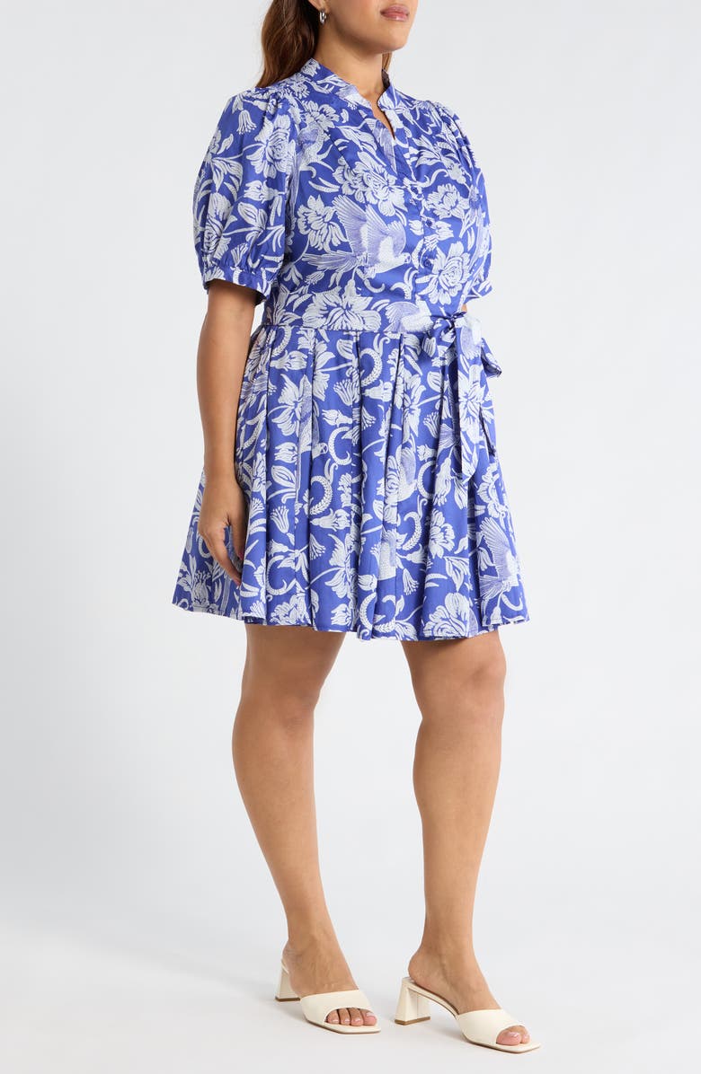 SUGARLIPS Floral Puff Sleeve Pleated Cotton Shirtdress, Alternate, color, Navy-White