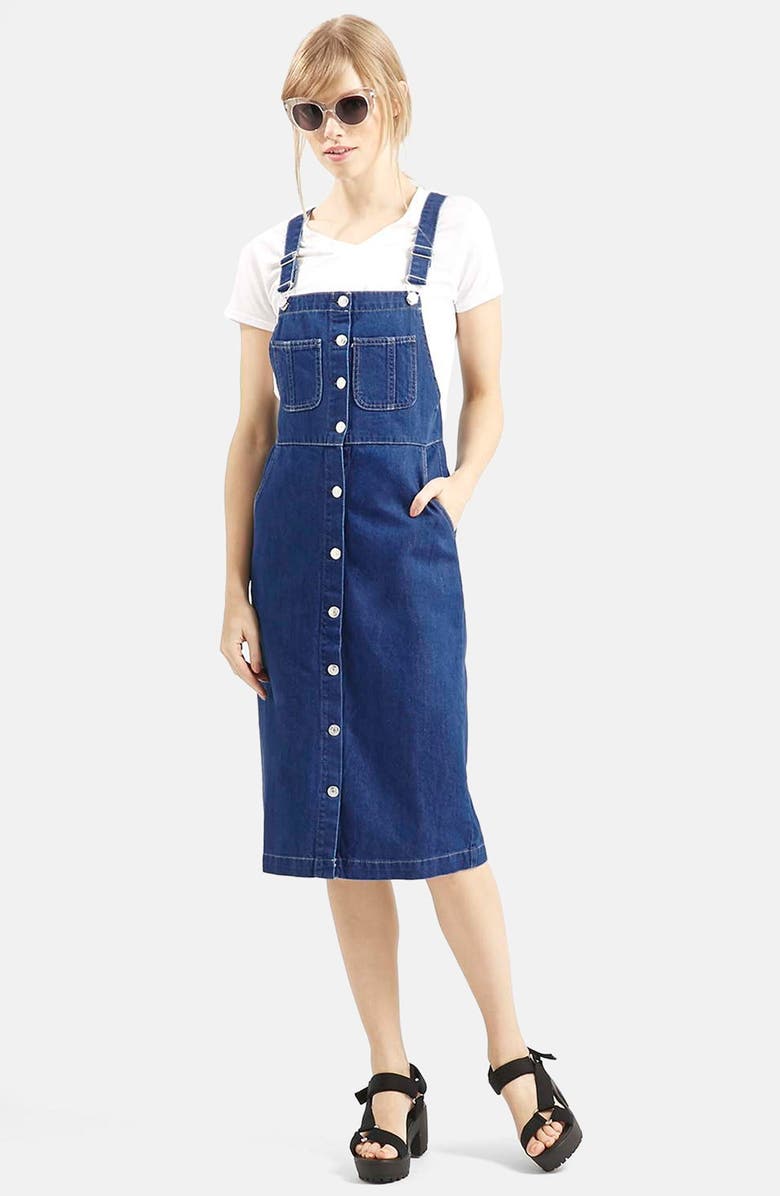 Topshop Moto Vintage Wash Midi Pinafore Dress, Main, color, 