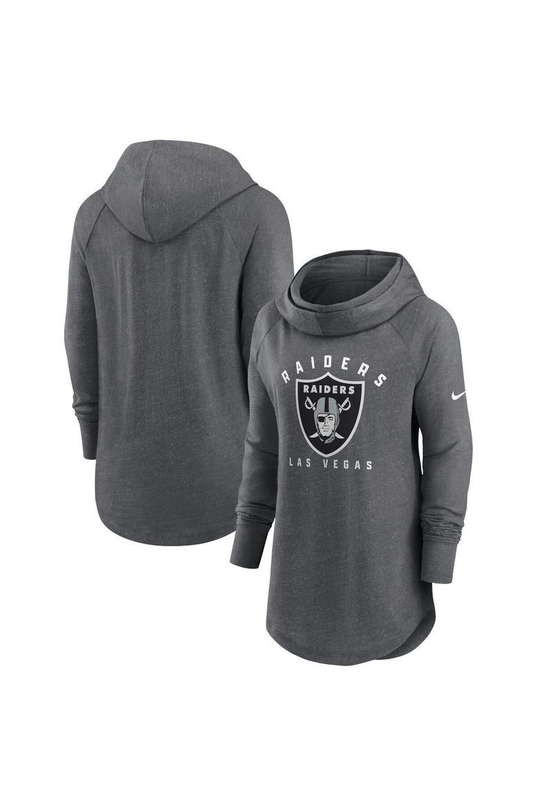 Women's Nike Heather Charcoal Las Vegas Raiders Raglan Funnel Neck Pullover Hoodie, Main, color, Heather Charcoal