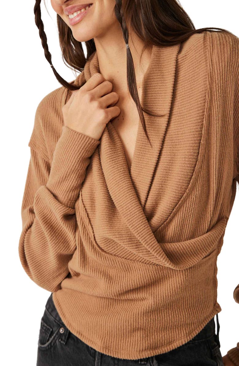 Free People Hold Me Close Rib Wrap Front Top, Alternate, color, Tobacco Brown