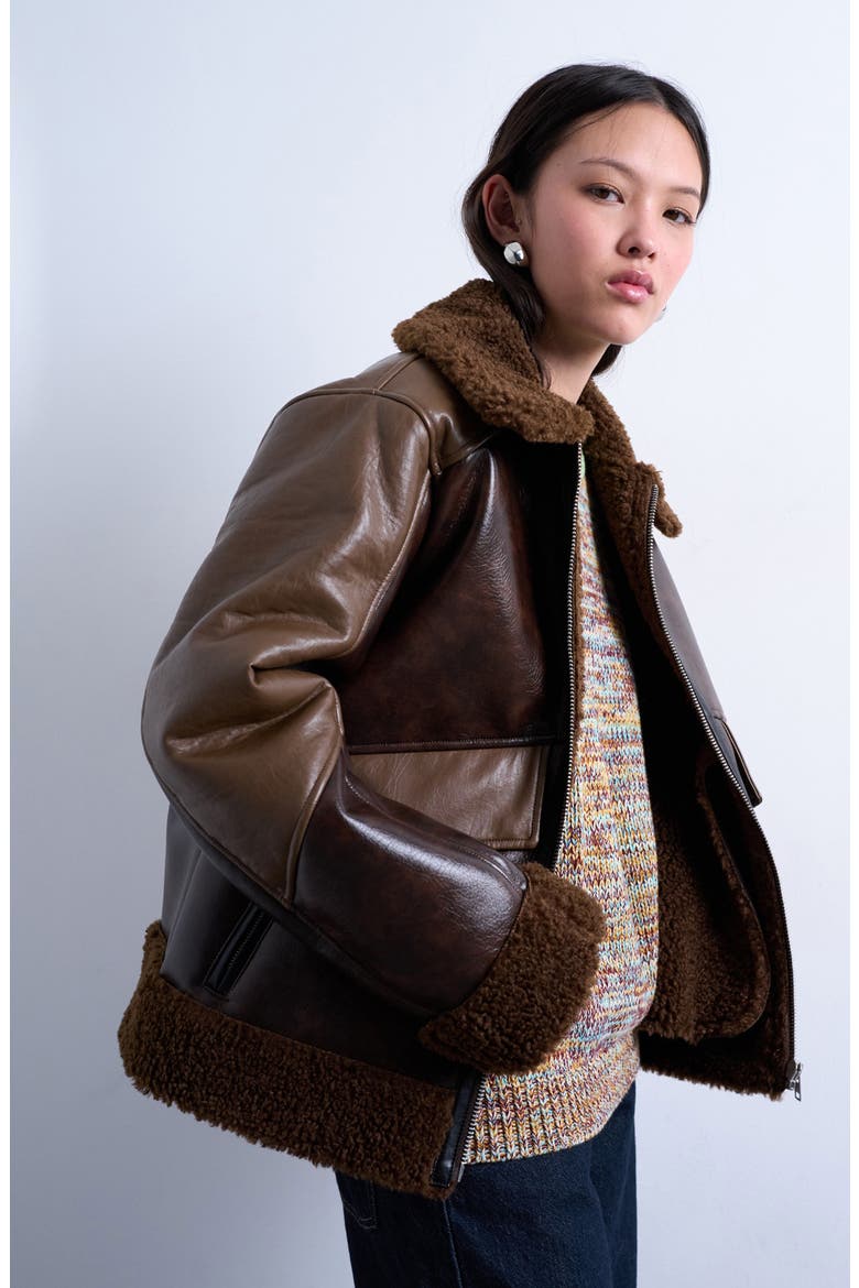 Faux Shearling & Faux Leather Patchwork Jacket, Alternate, color, BROWN