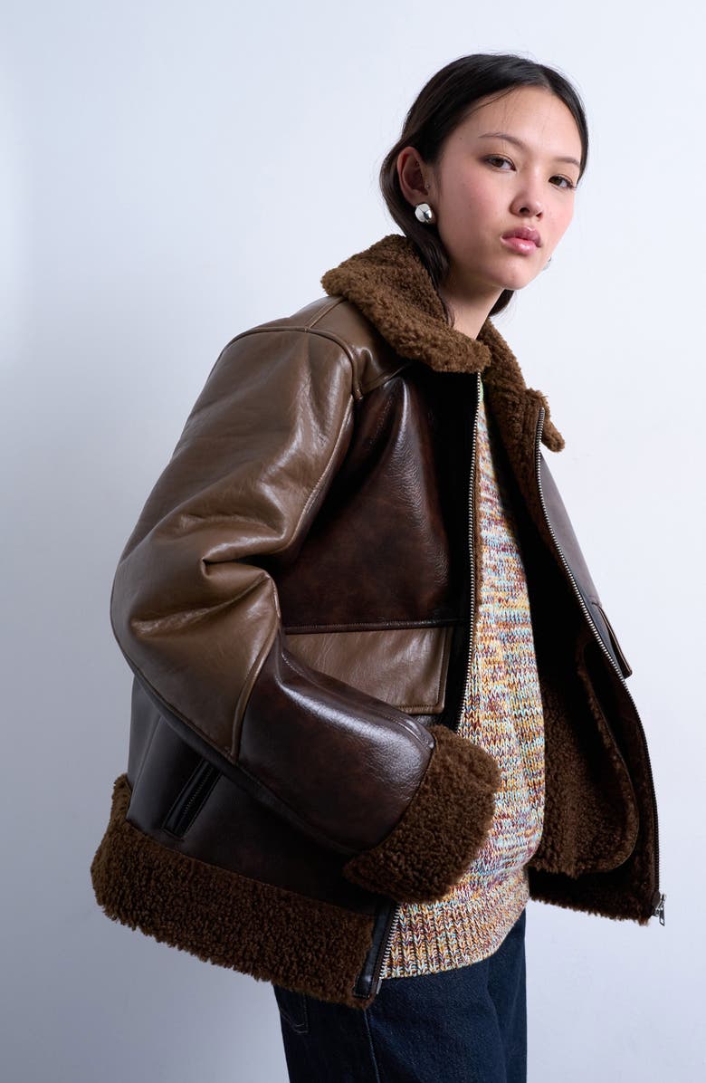 Topshop Faux Shearling & Faux Leather Patchwork Jacket, Alternate, color, Brown