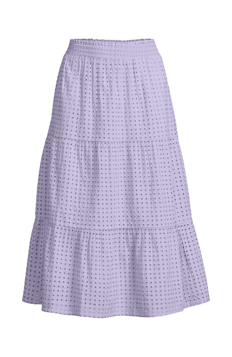 Lands' End Poplin Elastic Waist Tiered Midi Skirt, Alternate, color, Lilac Frost