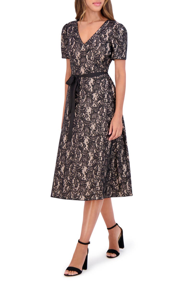 Kensie Floral Lace Short Sleeve Fit & Flare Midi Dress, Main, color, 