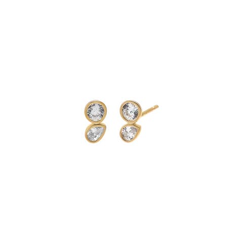 CZ Double Bezel Stone Stud Earring 14K