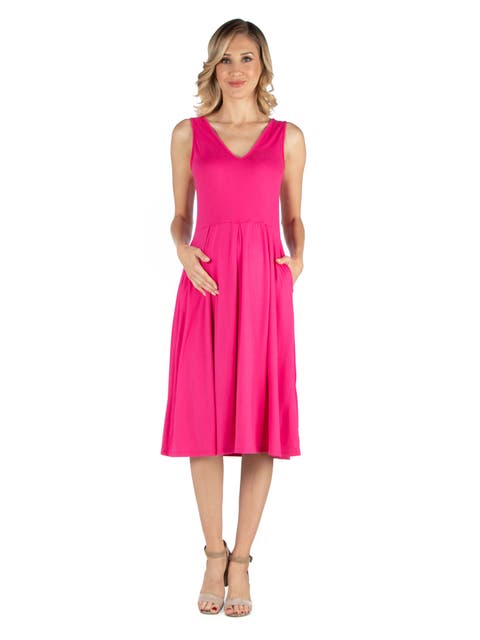 Maternity Fit and Flare Sleeveless Midi Dress with Pockets