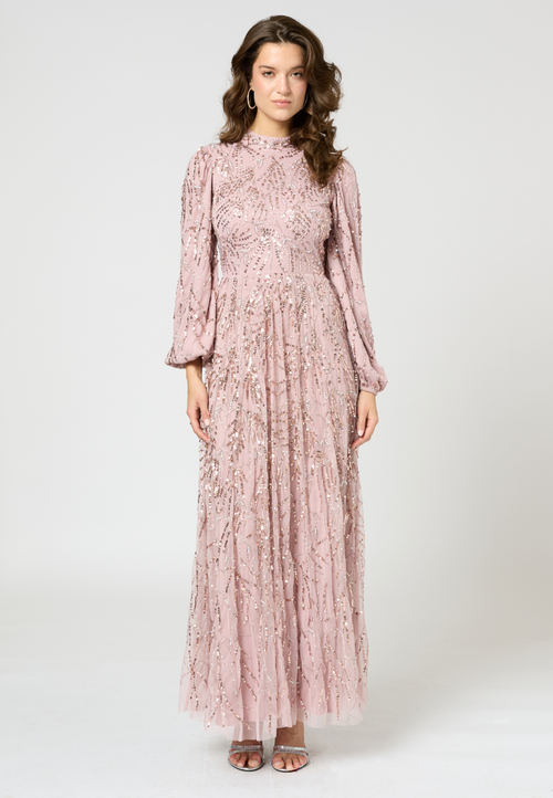Maryisa Embellished Sequin Beaded High Neck Dress In Frosted Pink