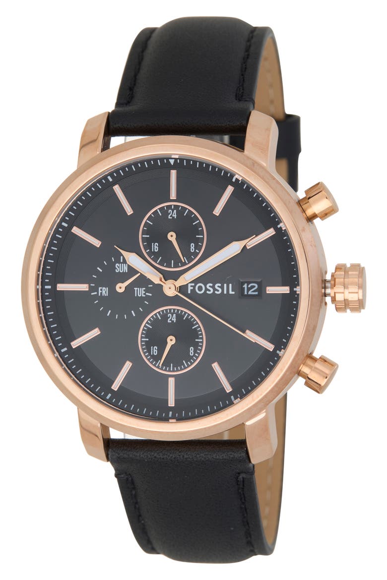 Rhett Leather Strap Watch, 43mm, Main, color, BLACK
