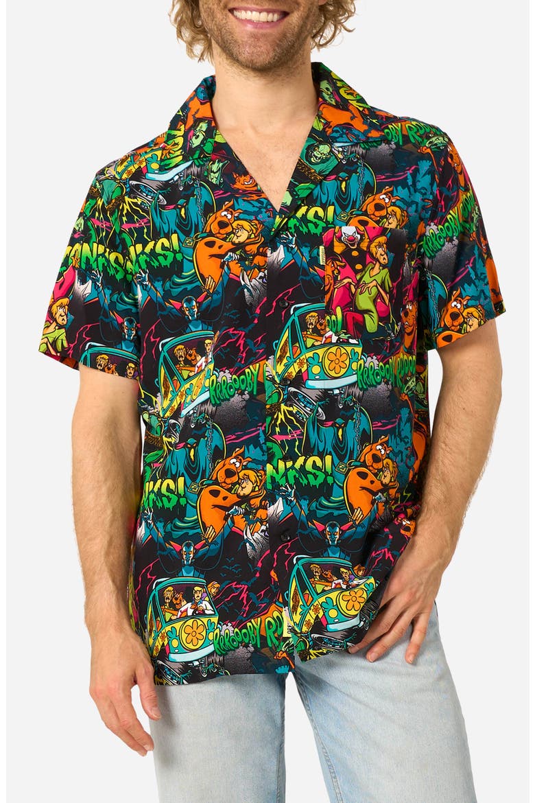 Scooby-Doo Short Sleeve Button-Up Shirt, Main, color, BROWN
