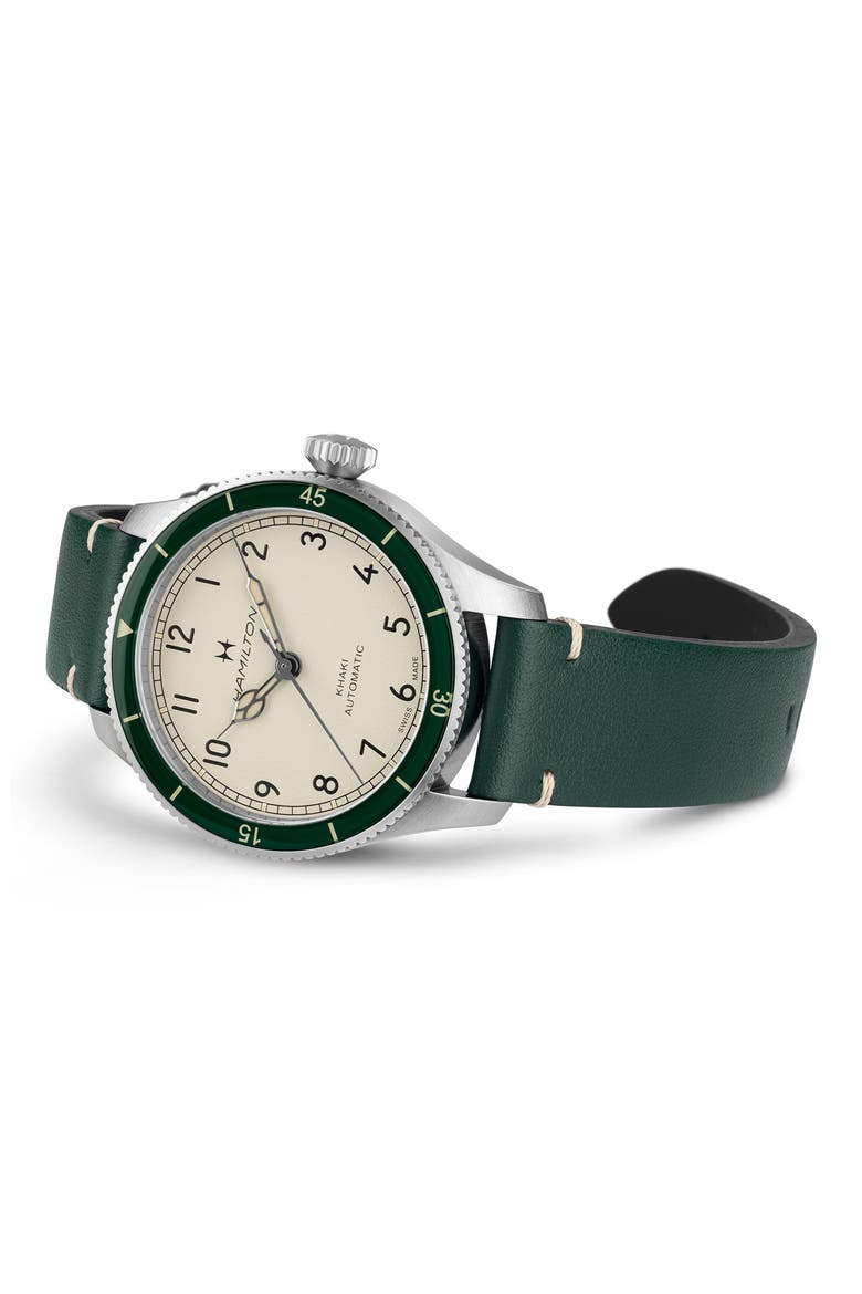 Khaki Aviation Leather Strap Watch, 38mm, Alternate, color, WHITE / GREEN
