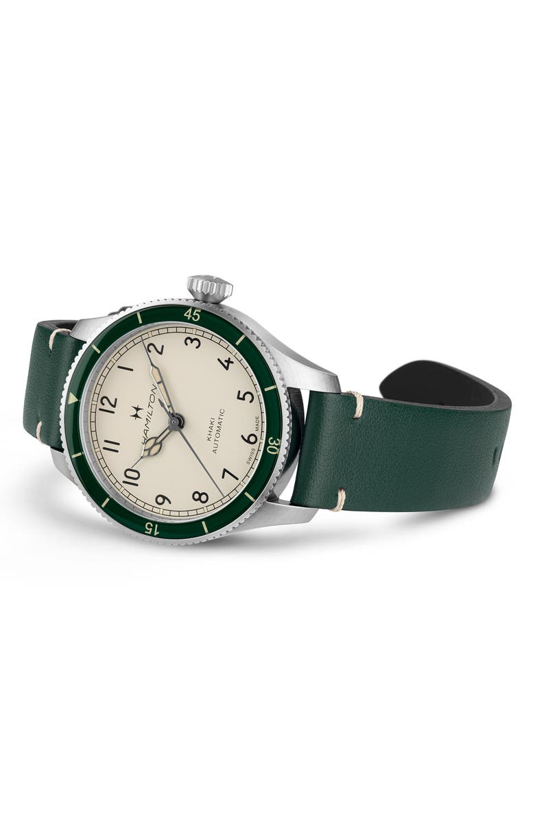 Hamilton Khaki Aviation Leather Strap Watch, 38mm, Alternate, color, White / Green