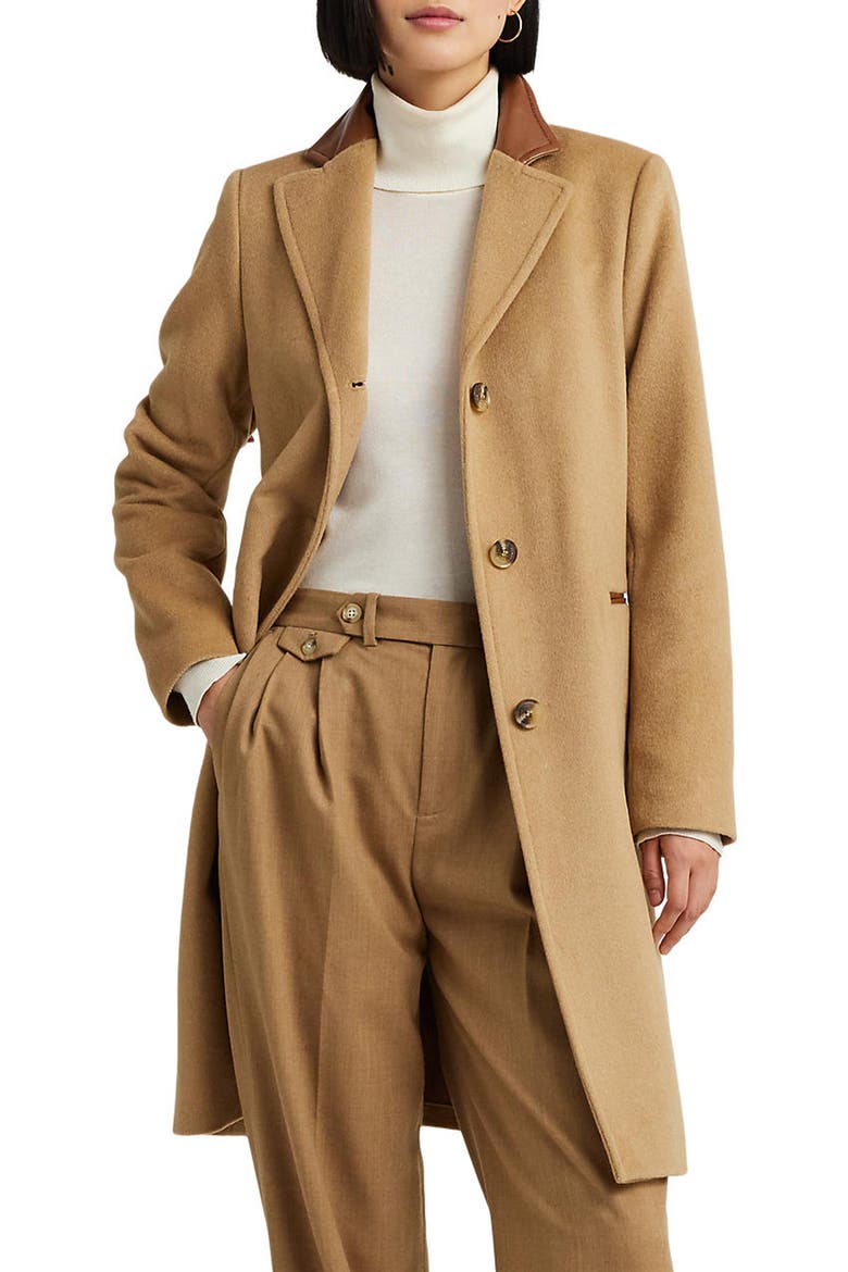 Faux Leather Trim Wool Blend Longline Coat, Main, color, CAMEL