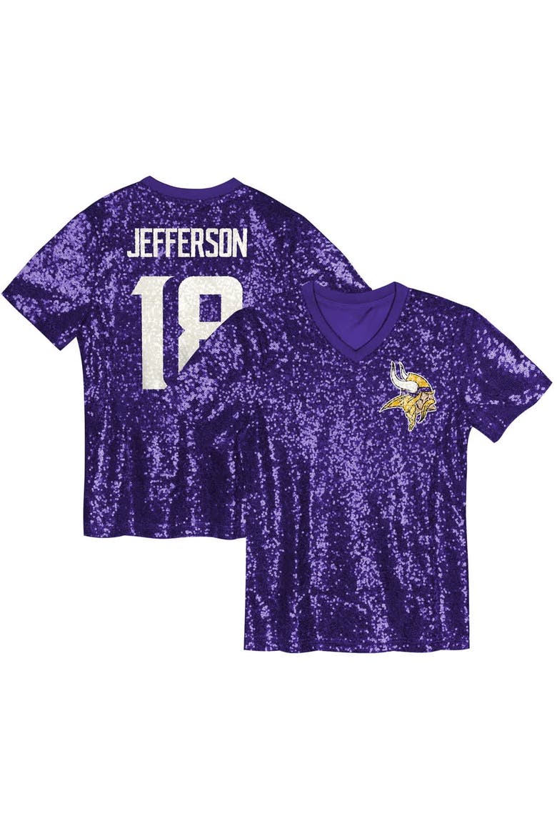 Girls Youth Justin Jefferson Purple Minnesota Vikings Sequin V-Neck Fashion Jersey, Main, color, Purple