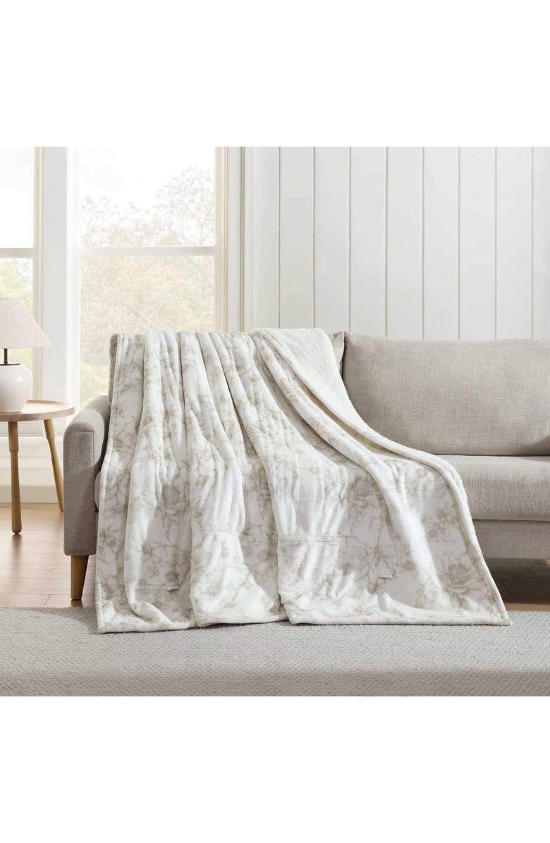 Laura Ashley Wistful Blooms Reversible Faux Shearling Heated Throw Blanket, Alternate, color, Light Beige