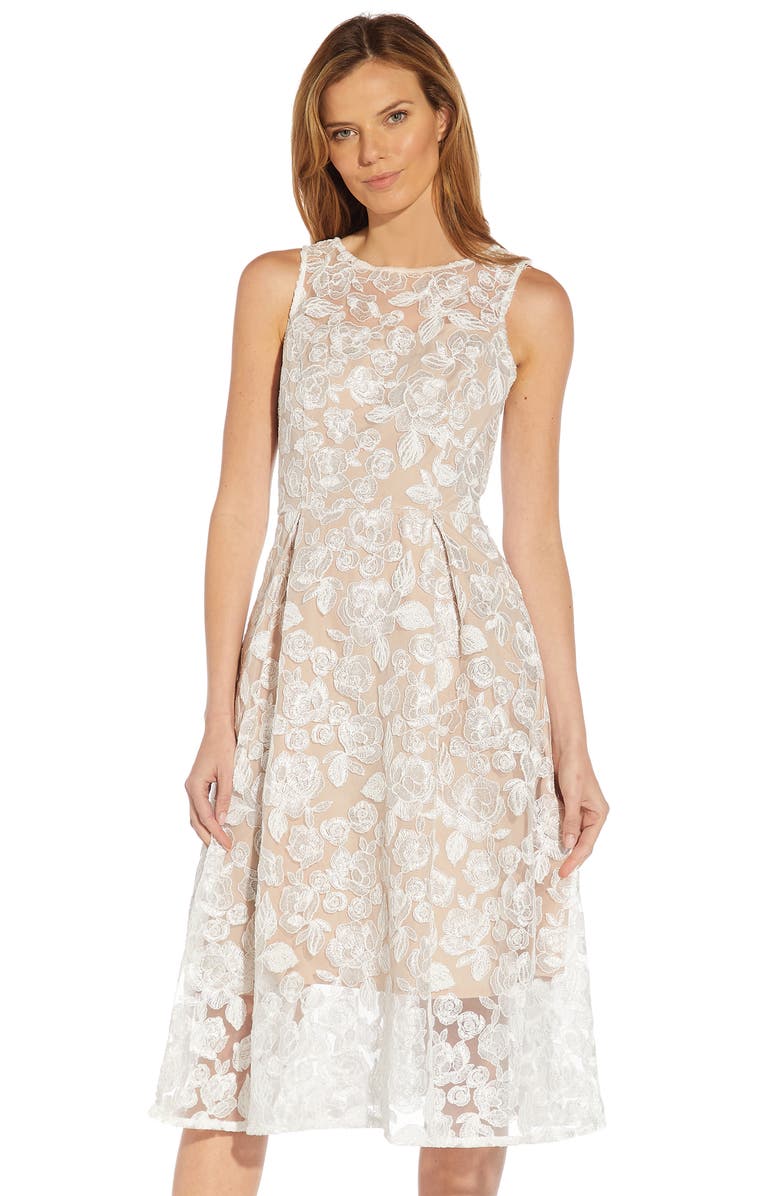 Adrianna Papell Floral Embroidered Fit & Flare Midi Dress, Alternate, color, 