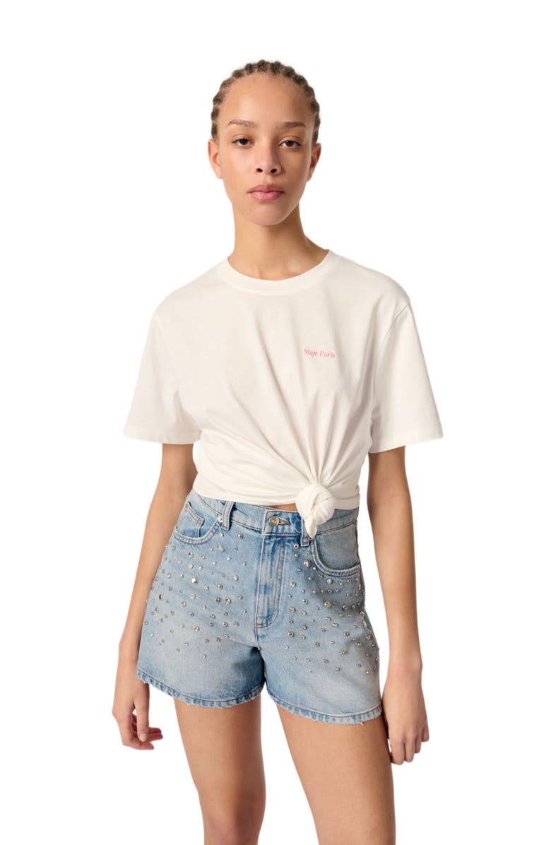 maje Studded denim shorts, Alternate, color, 