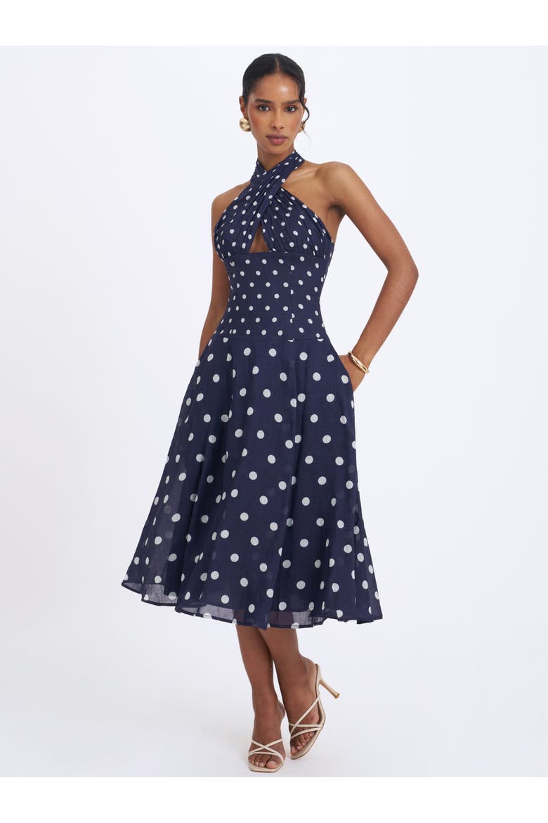 Nuri Polka Dot Ramie Crossover Halter A-Line Midi Dress, Alternate, color, Navy