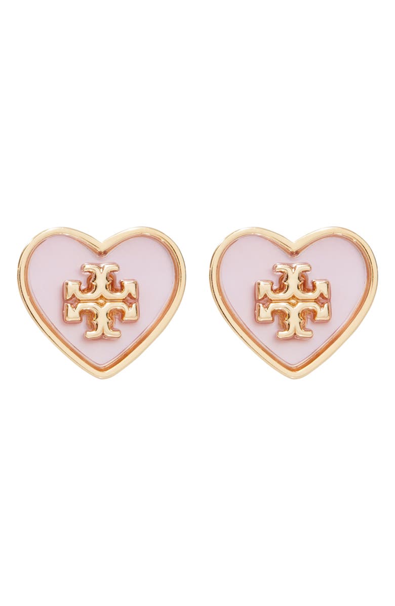 Tory Burch Forget Me Not Heart Stud Earrings, Main, color, Tory Gold / Pink