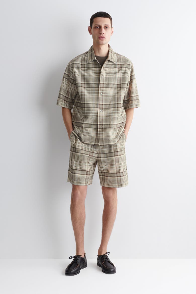 Checked Linen-blend Short-sleeved Shirt, Alternate, color, BEIGE / CHECKED