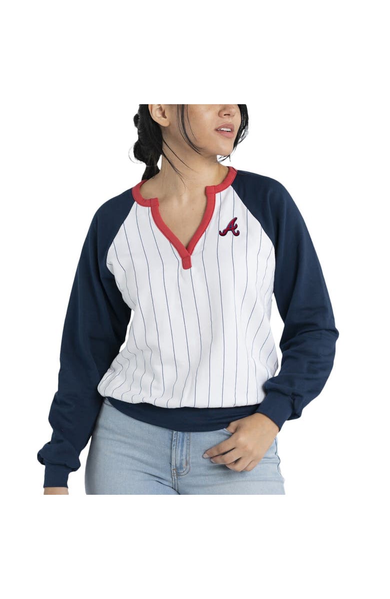 LUSSO Women's Lusso White/Navy Atlanta Braves Mack Fleece V-Neck Pullover Top, Main, color, 