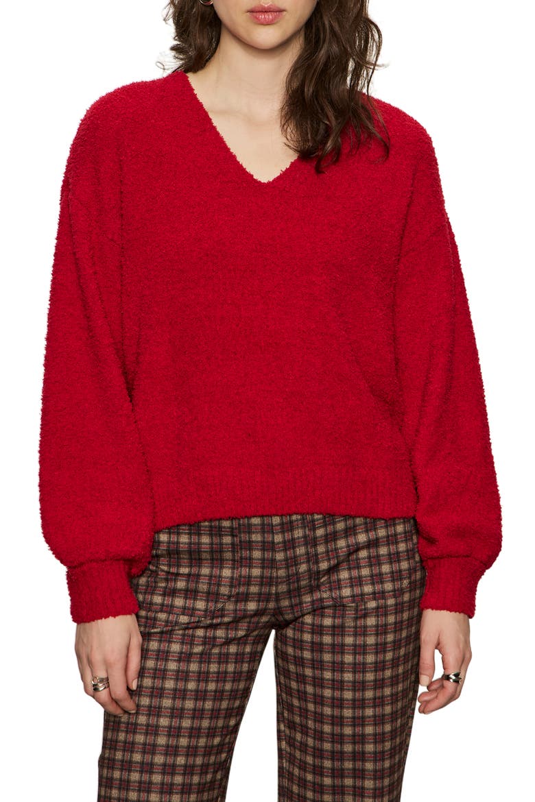 Teddy Fleece V-Neck Sweater, Main, color, CHERRY RED