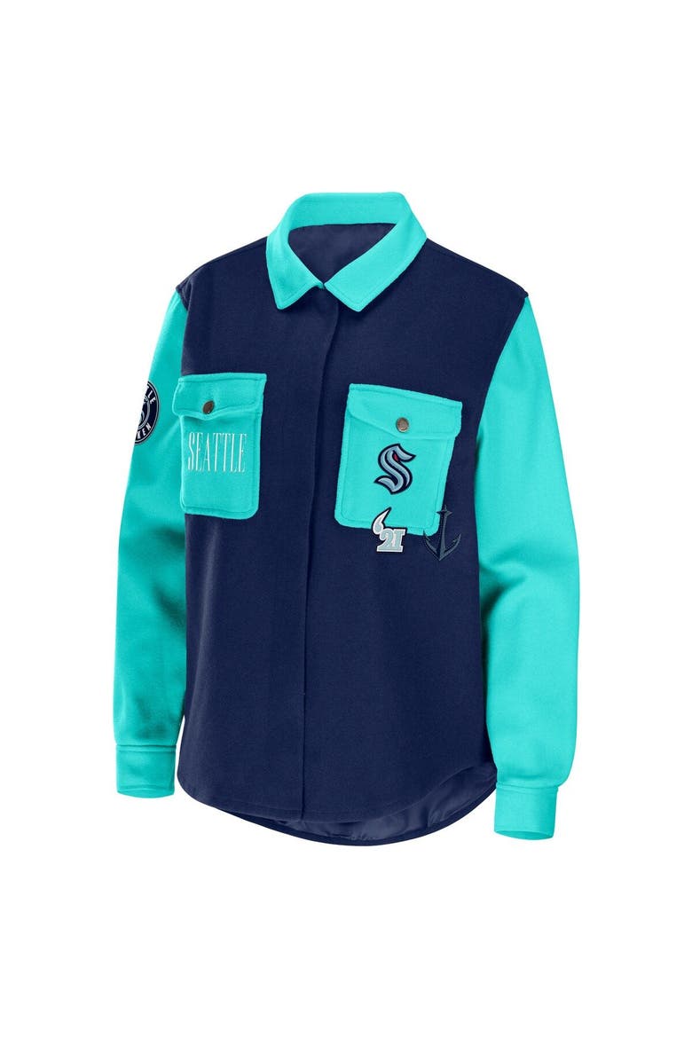 Women's WEAR by Erin Andrews Deep Sea Blue/Light Blue Seattle Kraken Colorblock Button-Up Shirt Jacket, Alternate, color, Navy