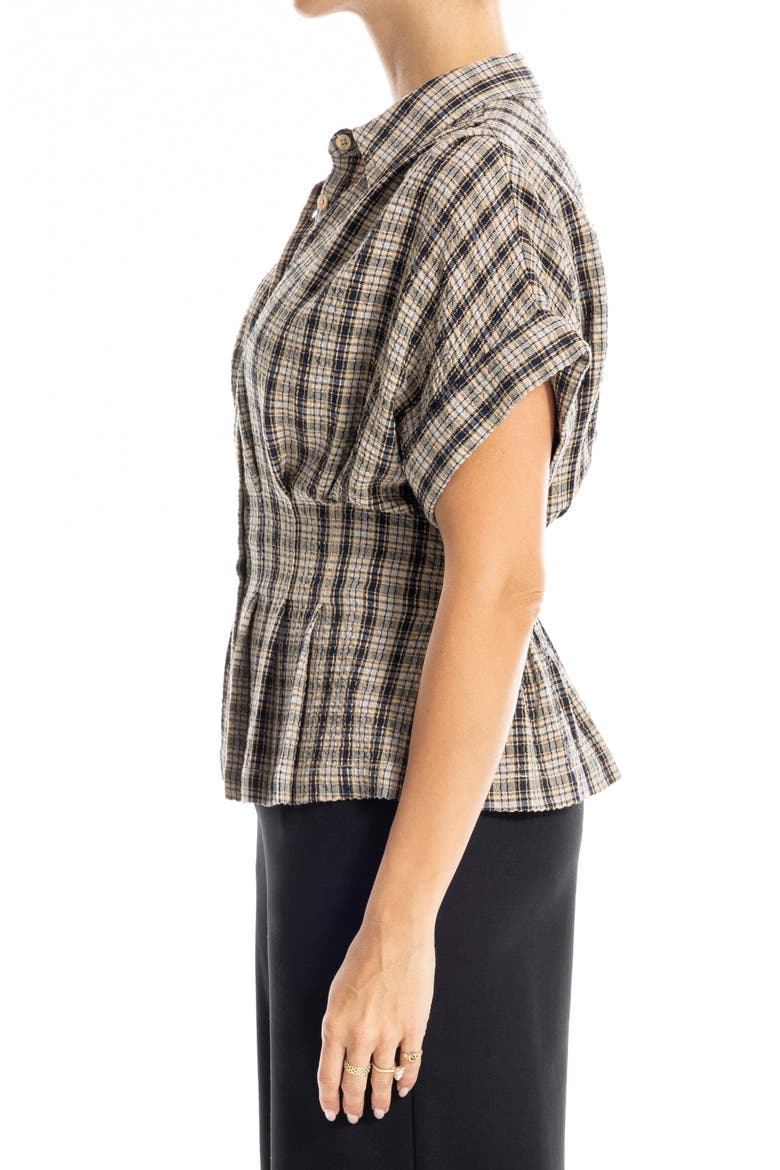 Plaid Pintucked Short Sleeve Shirt, Alternate, color, TAUPE/ BLACK/ BLUE PLAID