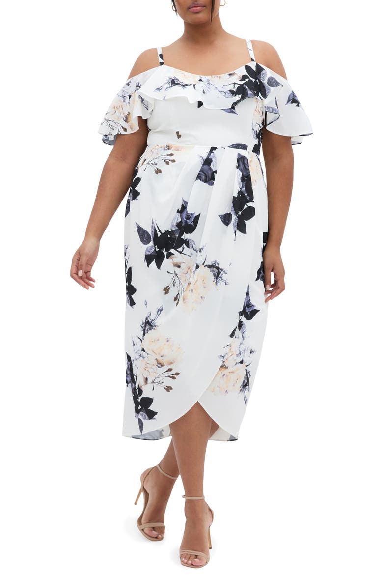 Floral Drape Cold Shoulder Midi Dress, Main, color, CREAM FLORAL