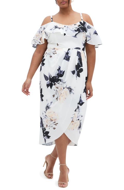 Floral Drape Cold Shoulder Midi Dress (Plus)
