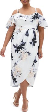City Chic Floral Drape Cold Shoulder Midi Dress