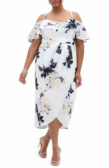 City Chic Floral Drape Cold Shoulder Midi Dress
