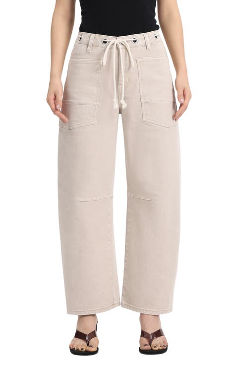 High Waist Drawstring Barrel Leg Jeans