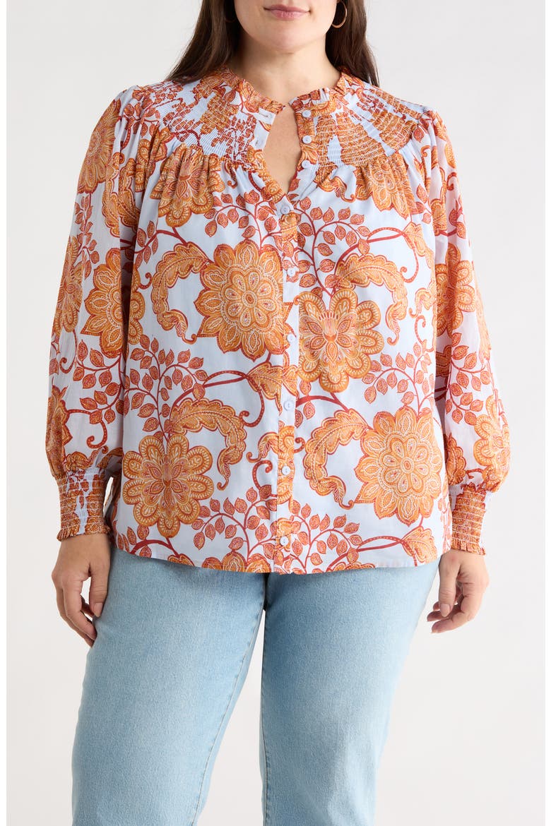 Siany Floral Debory Smocked Detail Button-Up Shirt, Main, color, BROWN-BLU