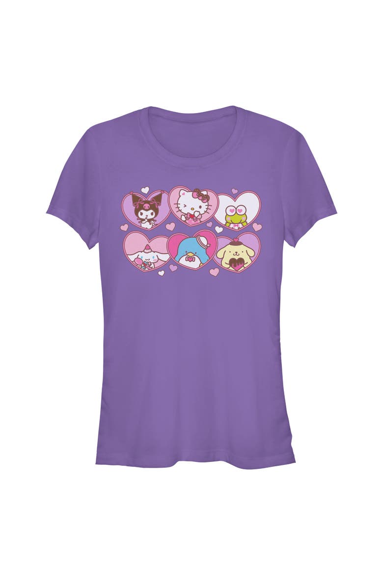 Junior's Cute Hearts and Portraits Short Sleeve Graphic T-Shirt, Main, color, Purple