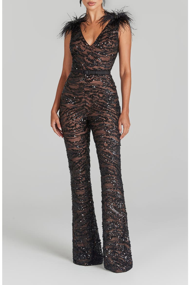Jenna Ostrich Feather Trim Sequin Belted Jumpsuit, Main, color, BLACK