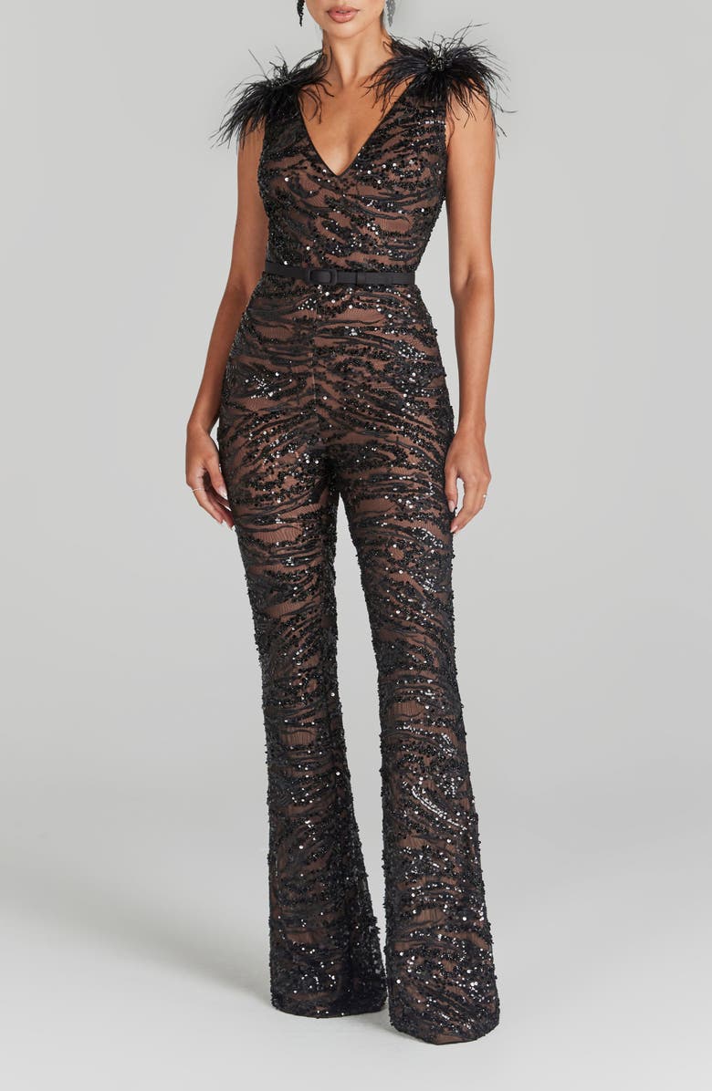 NADINE MERABI Jenna Ostrich Feather Trim Sequin Belted Jumpsuit, Main, color, 