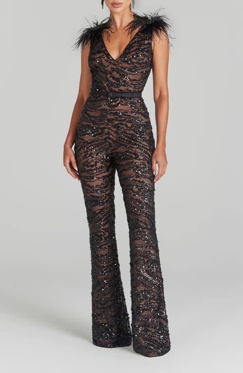 Jenna Ostrich Feather Trim Sequin Belted Jumpsuit