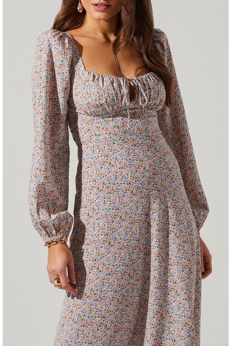 Floral Print Long Sleeve Back Cutout Midi Dress, Alternate, color, BLUE ORANGE DITSY