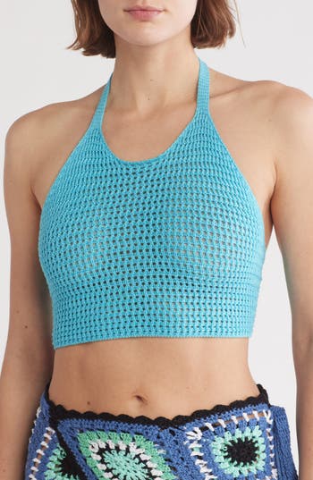 ELAN ELAN OPEN STITCH HALTER CROP COVER-UP TOP 