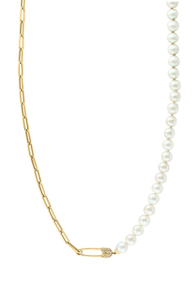 14K Yellow Gold Diamond Fresh Water Pearl Paperclip Link Necklace, Main, color, 14K Gold