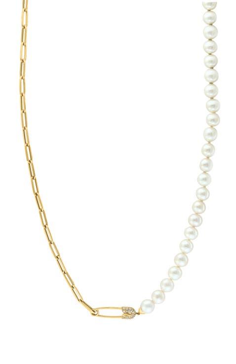 14K Yellow Gold Diamond Fresh Water Pearl Paperclip Link Necklace