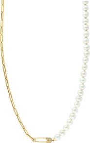 EFFY 14K Yellow Gold Diamond Fresh Water Pearl Paperclip Link Necklace
