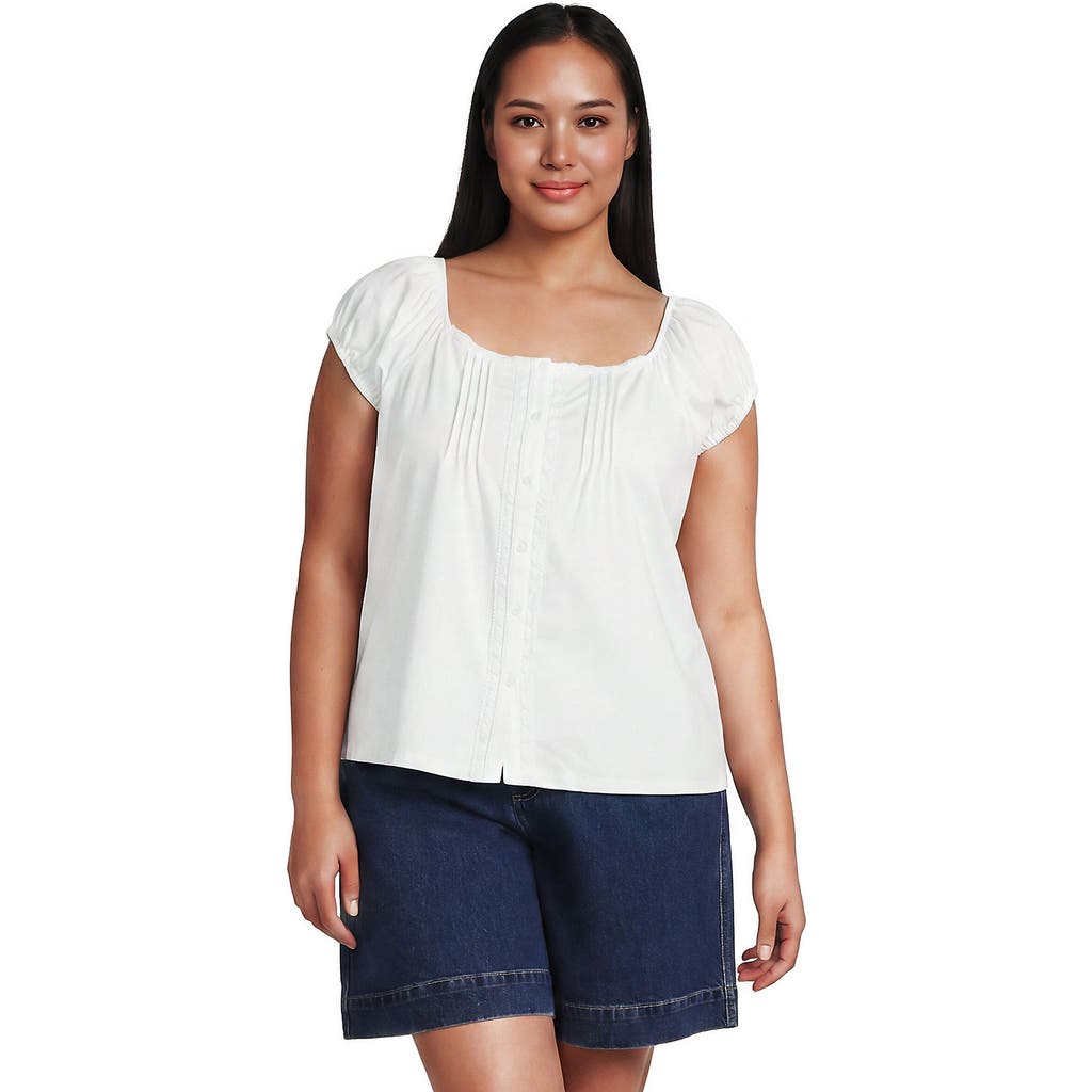 Lands' End Plus Size Sleeveless Lightweight Jersey Pintuck Button Front Blouse In Ivory